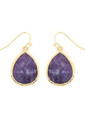 Gold and Purple Teardrop Earrings , Natural Stones And Gold Plated ,New No Tags